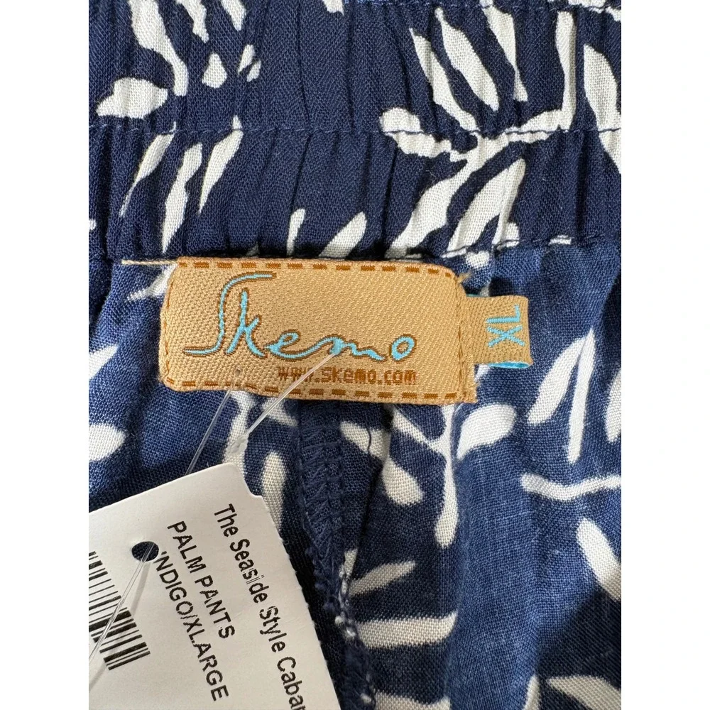 Skemo Palm Pants Navy White Tropical Leaf Print Wide Leg Rayon XL NEW Beach Boho